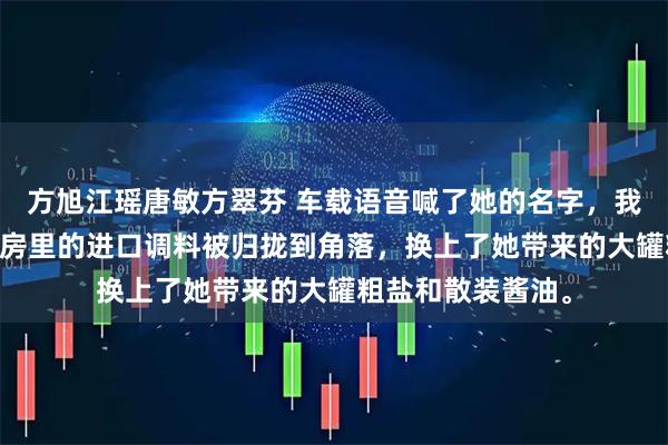 方旭江瑶唐敏方翠芬 车载语音喊了她的名字，我在后座没出声 厨房里的进口调料被归拢到角落，换上了她带来的大罐粗盐和散装酱油。